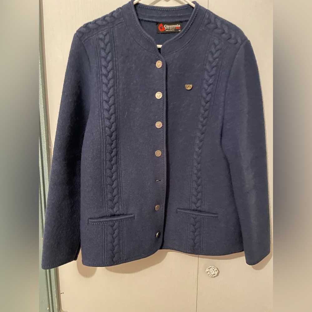 Womens VINTAGE Glesswein Austrian Pure Wool Button Jacket Size Large Navy Blue